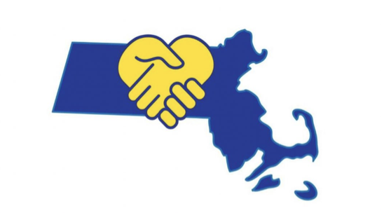 graphic of shaking hands imposed on outline of the state of MA